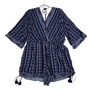 Skies Are Blue 2XL Blue White Floral Romper Tassel Drawstring V-Neck‎ Boho Beach